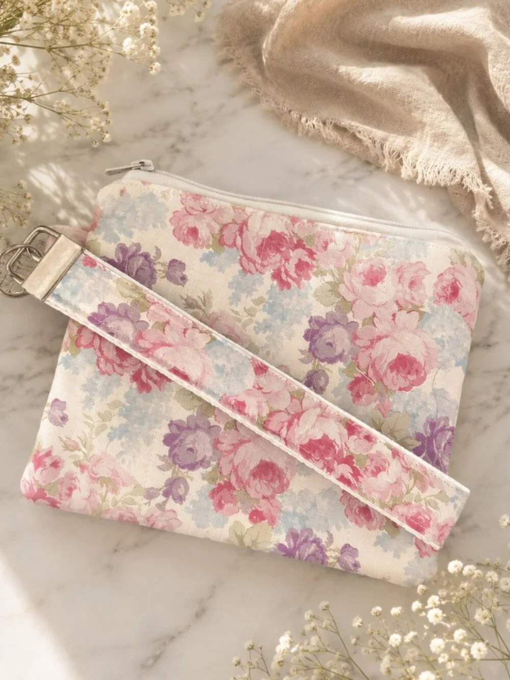 Floral Cotton Wristlet Pouch | Quilted Zipper Clutch Purse, Detachable Strap
